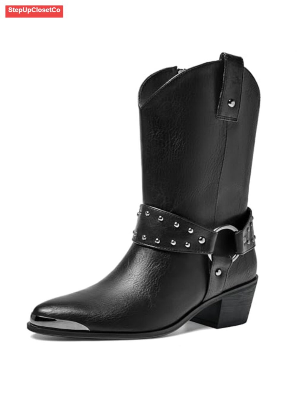 Pointed Toe Western Ankle Boots Harness Zip Cowgirl Booties